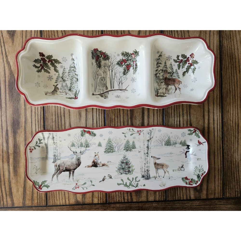 Better Homes & Gardens Christmas Woodland Animals Serving Tray Platter Set 2pc
